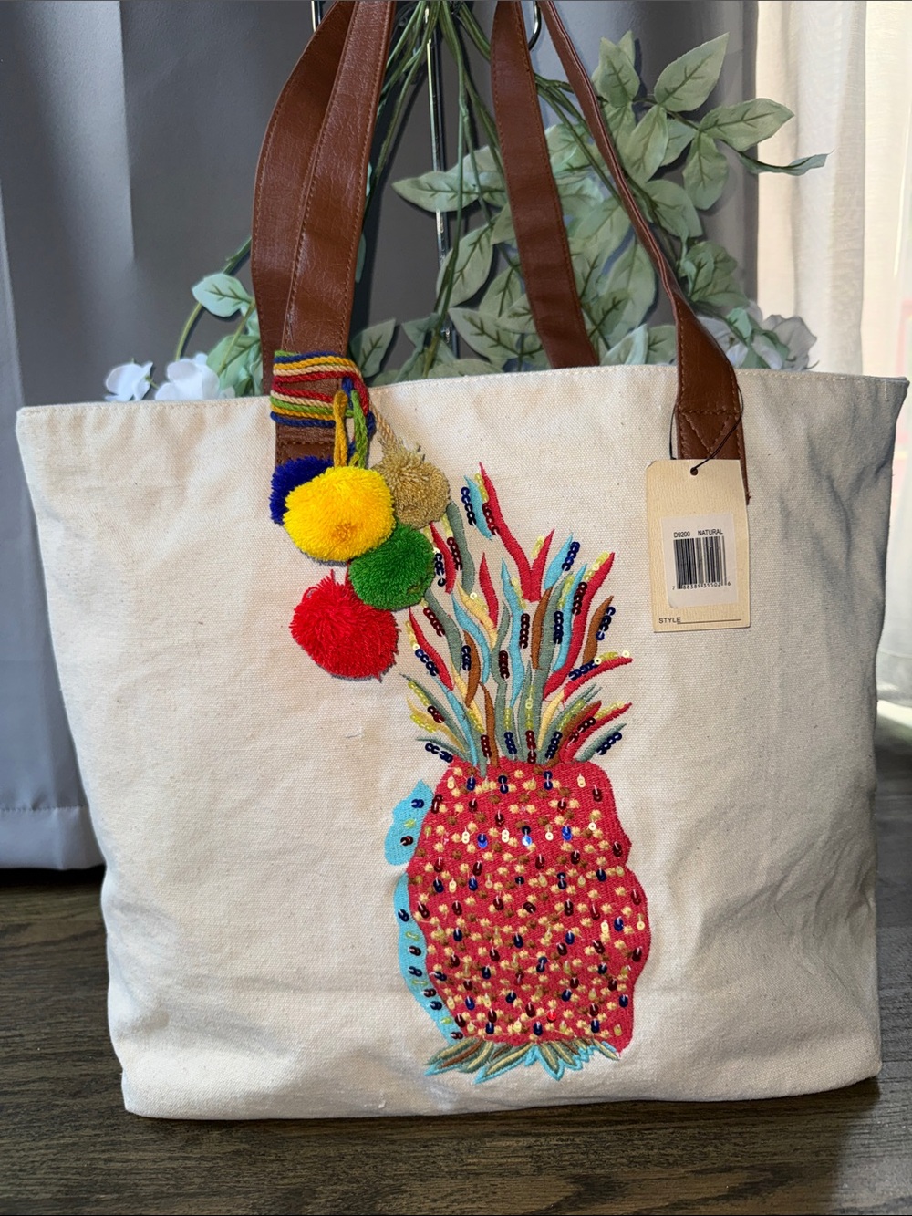 Denim Bag Colorful Pineapple Embroidered Canvas Tote with Pom Pom Charm